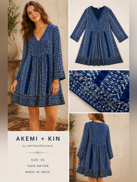 Dresses & Skirts - Akemi + Kin Anthropologie Blue Boho Embroidered Tunic Dress XS